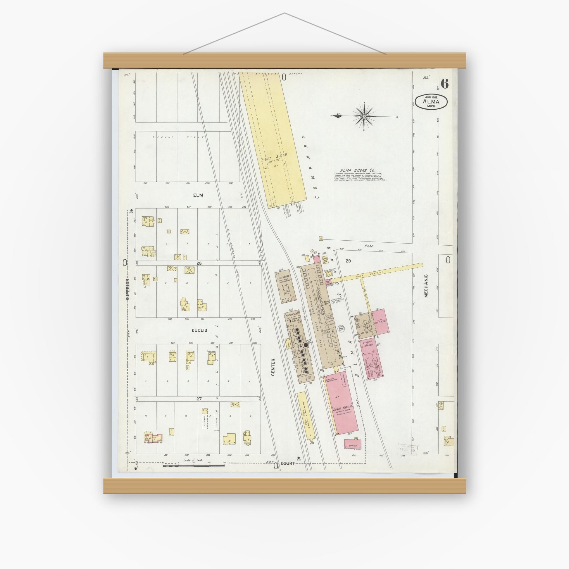 Old map wall art mockup — magnetic wood frame on white wall — Sanborn Fire Insurance Map from Alma, Gratiot County, Michigan (1902), Sheet #0006
