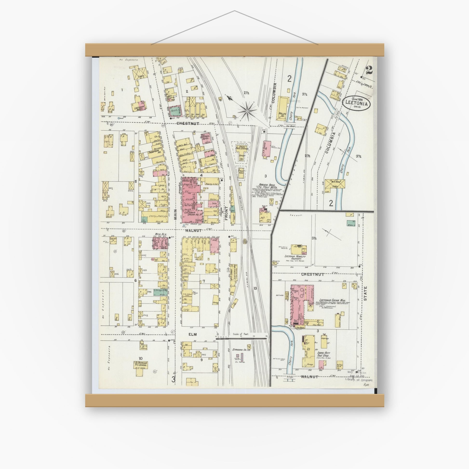 Old map wall art mockup — magnetic wood frame on white wall — Sanborn Fire Insurance Map from Leetonia, Columbiana County, Ohio (1898), Sheet #0002