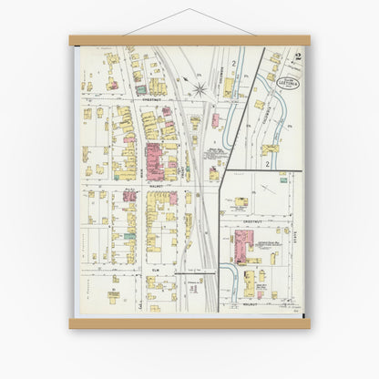 Old map wall art mockup — magnetic wood frame on white wall — Sanborn Fire Insurance Map from Leetonia, Columbiana County, Ohio (1898), Sheet #0002