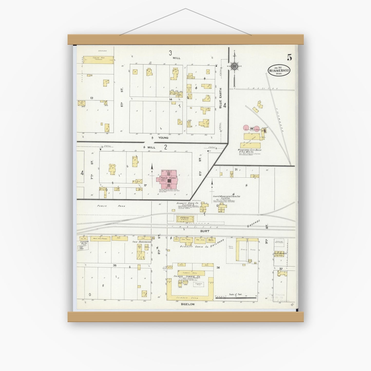Old map wall art mockup — magnetic wood frame on white wall — Sanborn Fire Insurance Map from Winnebago, Faribault County, Minnesota (1911), Sheet #0005