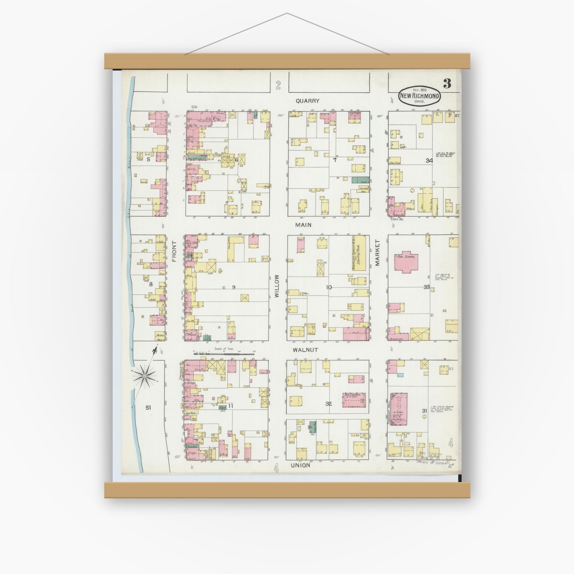 Old map wall art mockup — magnetic wood frame on white wall — Sanborn Fire Insurance Map from New Richmond, Clermont County, Ohio (1892), Sheet #0003