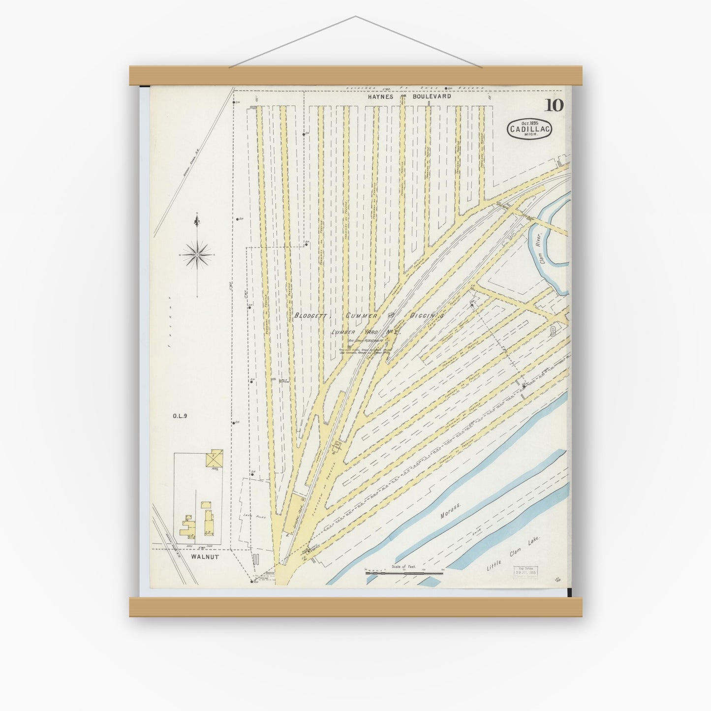Old map wall art mockup — magnetic wood frame on white wall — Sanborn Fire Insurance Map from Cadillac, Wexford County, Michigan (1895), Sheet #0010
