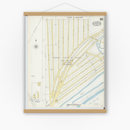 Old map wall art mockup — magnetic wood frame on white wall — Sanborn Fire Insurance Map from Cadillac, Wexford County, Michigan (1895), Sheet #0010