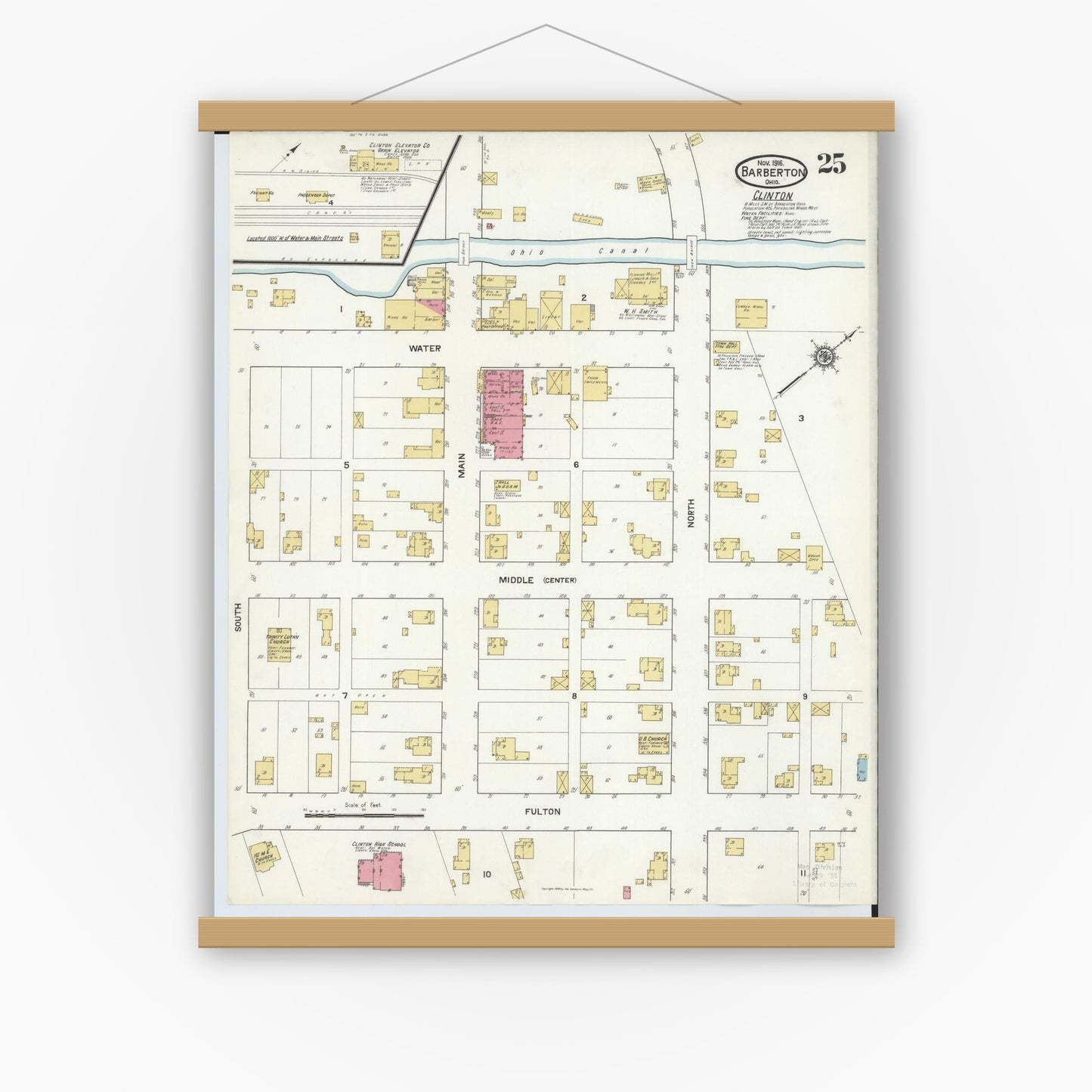 Old map wall art mockup — magnetic wood frame on white wall — Sanborn Fire Insurance Map from Barberton, Summit County, Ohio (1916), Sheet #0025