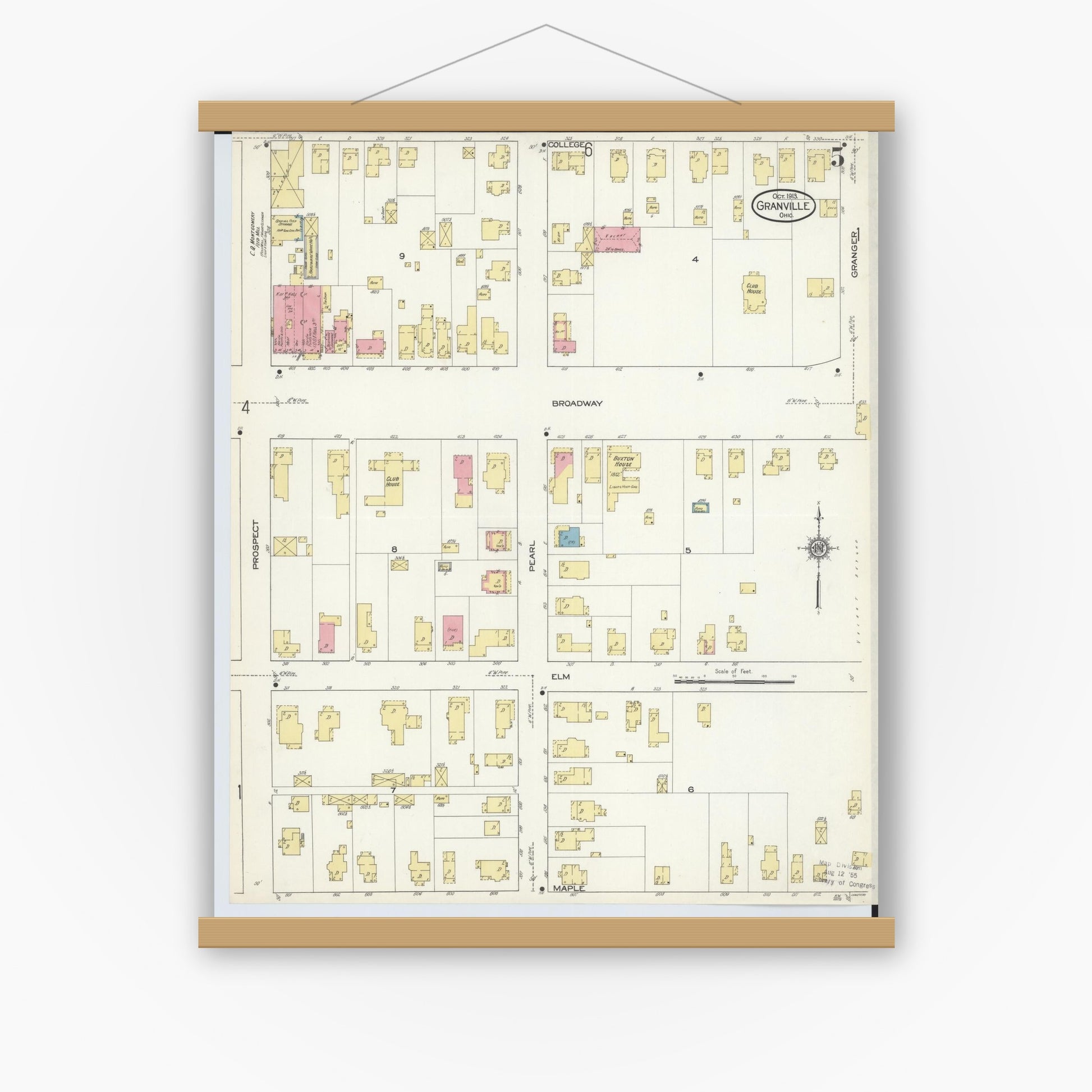Old map wall art mockup — magnetic wood frame on white wall — Sanborn Fire Insurance Map from Granville, Licking County, Ohio (1913), Sheet #0005