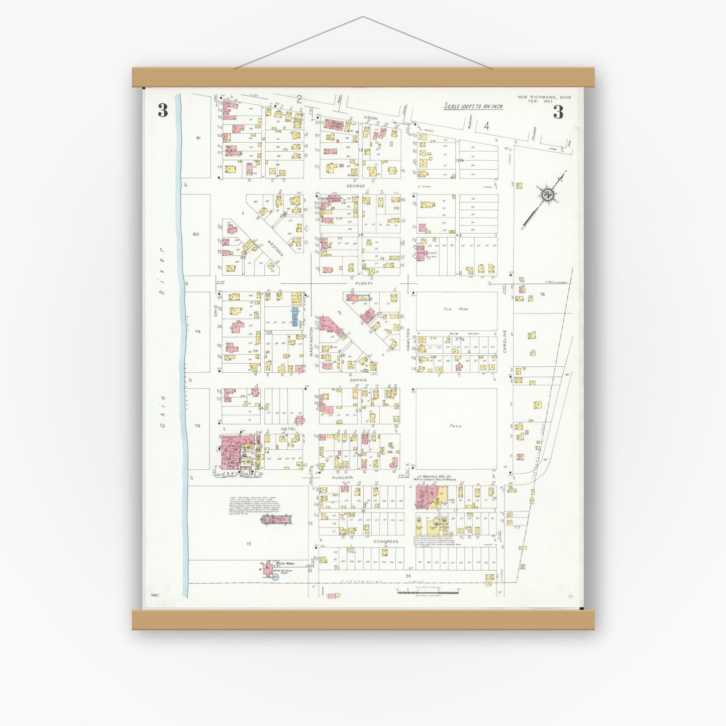 Old map wall art mockup — magnetic wood frame on white wall — Sanborn Fire Insurance Map from New Richmond, Clermont County, Ohio (1933), Sheet #0003