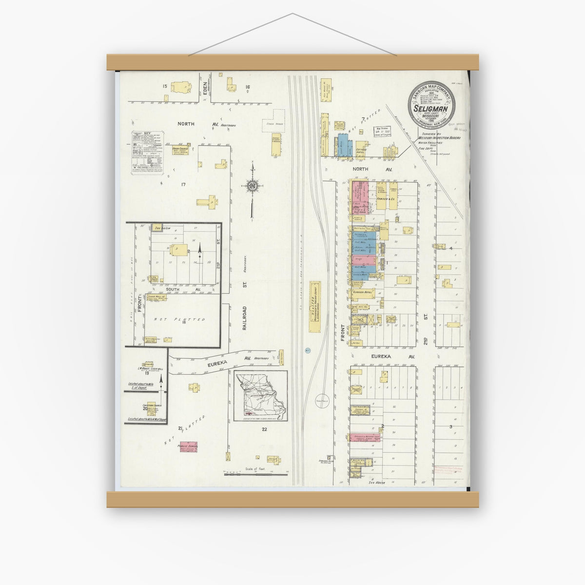 Old map wall art mockup — magnetic wood frame on white wall — Sanborn Fire Insurance Map from Seligman, Barry County, Missouri (1916), Sheet #0001