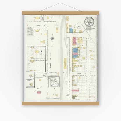 Old map wall art mockup — magnetic wood frame on white wall — Sanborn Fire Insurance Map from Seligman, Barry County, Missouri (1916), Sheet #0001
