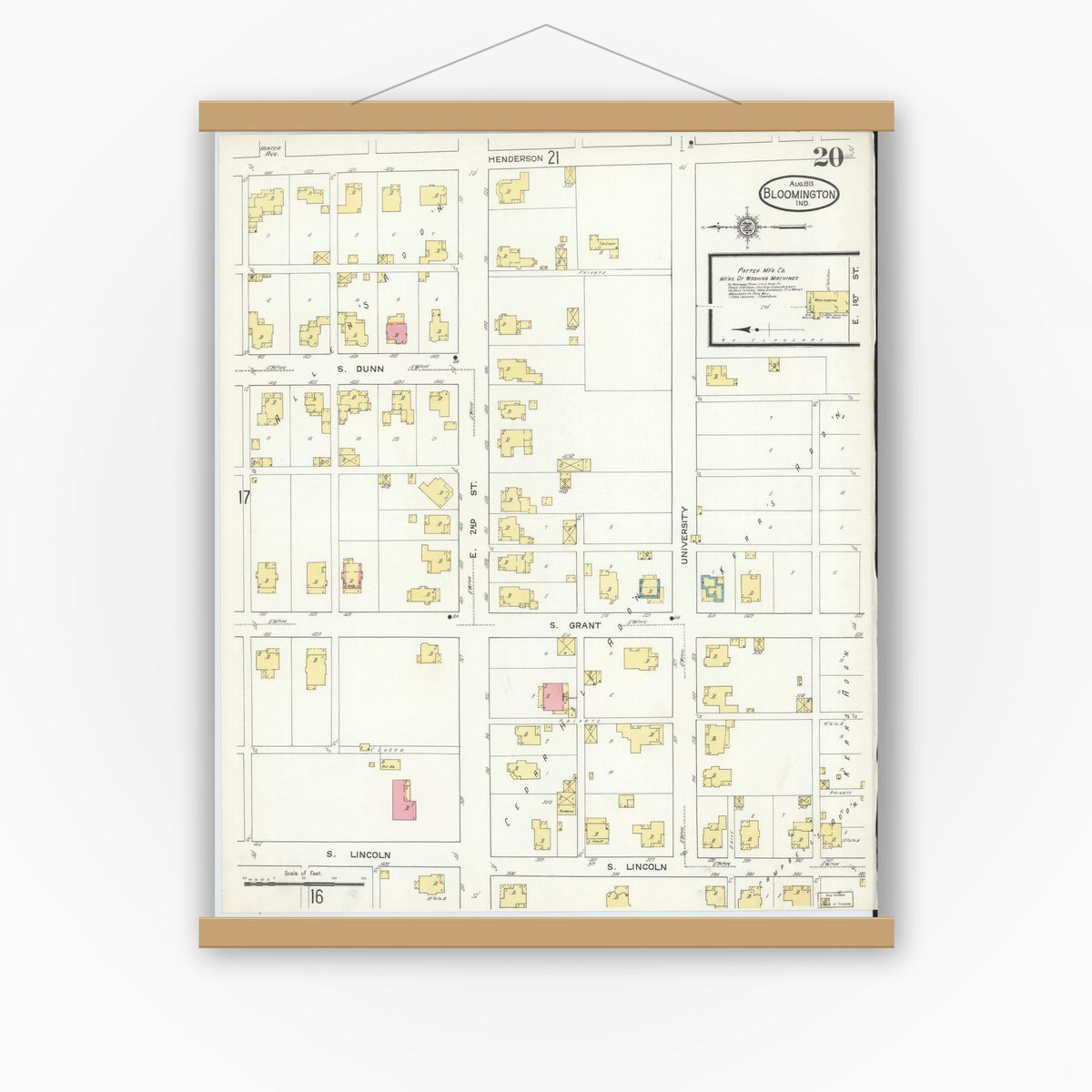 Old map wall art mockup — magnetic wood frame on white wall — Sanborn Fire Insurance Map from Bloomington, Monroe County, Indiana (1913), Sheet #0020
