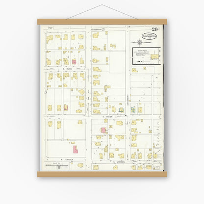 Old map wall art mockup — magnetic wood frame on white wall — Sanborn Fire Insurance Map from Bloomington, Monroe County, Indiana (1913), Sheet #0020