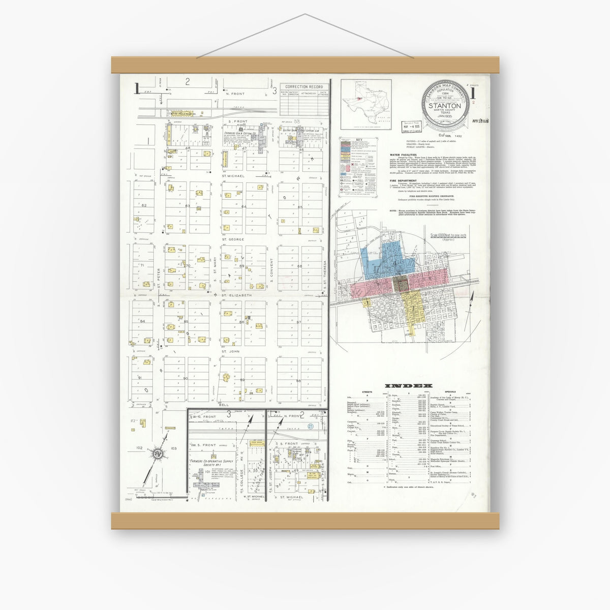 Old map wall art mockup — magnetic wood frame on white wall — Sanborn Fire Insurance Map from Stanton, Martin County, Texas (1935) - Complete Map Set