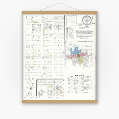 Old map wall art mockup — magnetic wood frame on white wall — Sanborn Fire Insurance Map from Stanton, Martin County, Texas (1935) - Complete Map Set