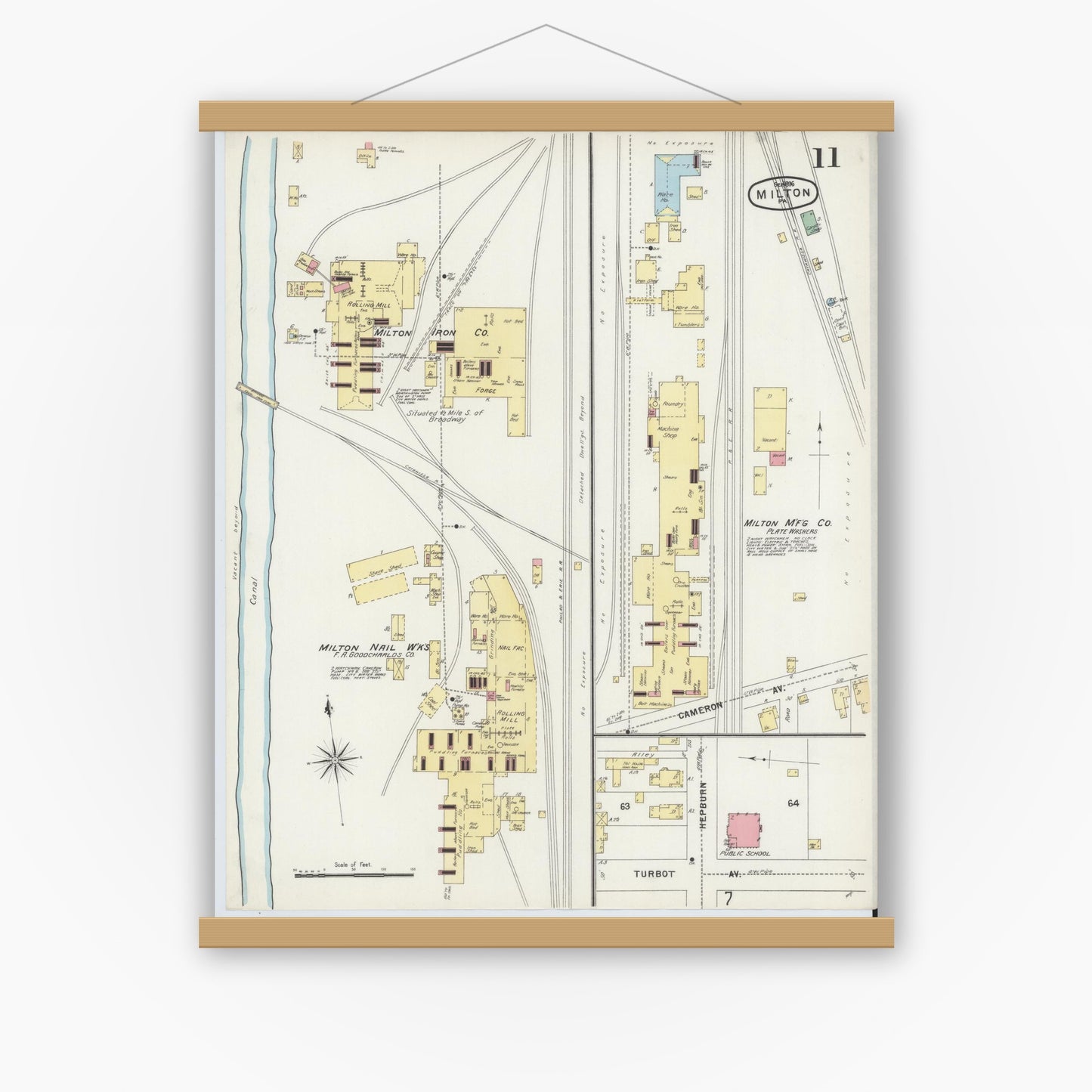 Old map wall art mockup — magnetic wood frame on white wall — Sanborn Fire Insurance Map from Milton, Northumberland County, Pennsylvania (1896), Sheet #0011