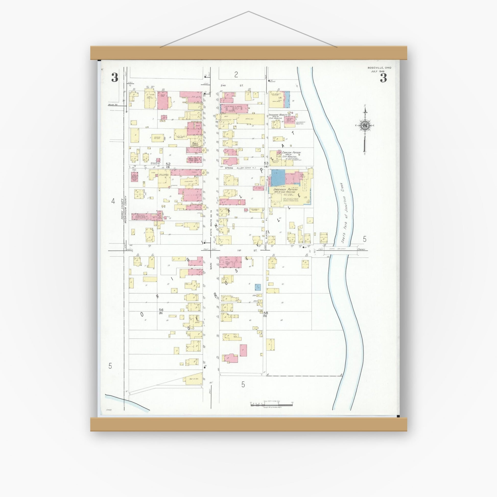 Old map wall art mockup — magnetic wood frame on white wall — Sanborn Fire Insurance Map from Roseville, Perry And Muskingum Counties, Ohio (1946), Sheet #0003