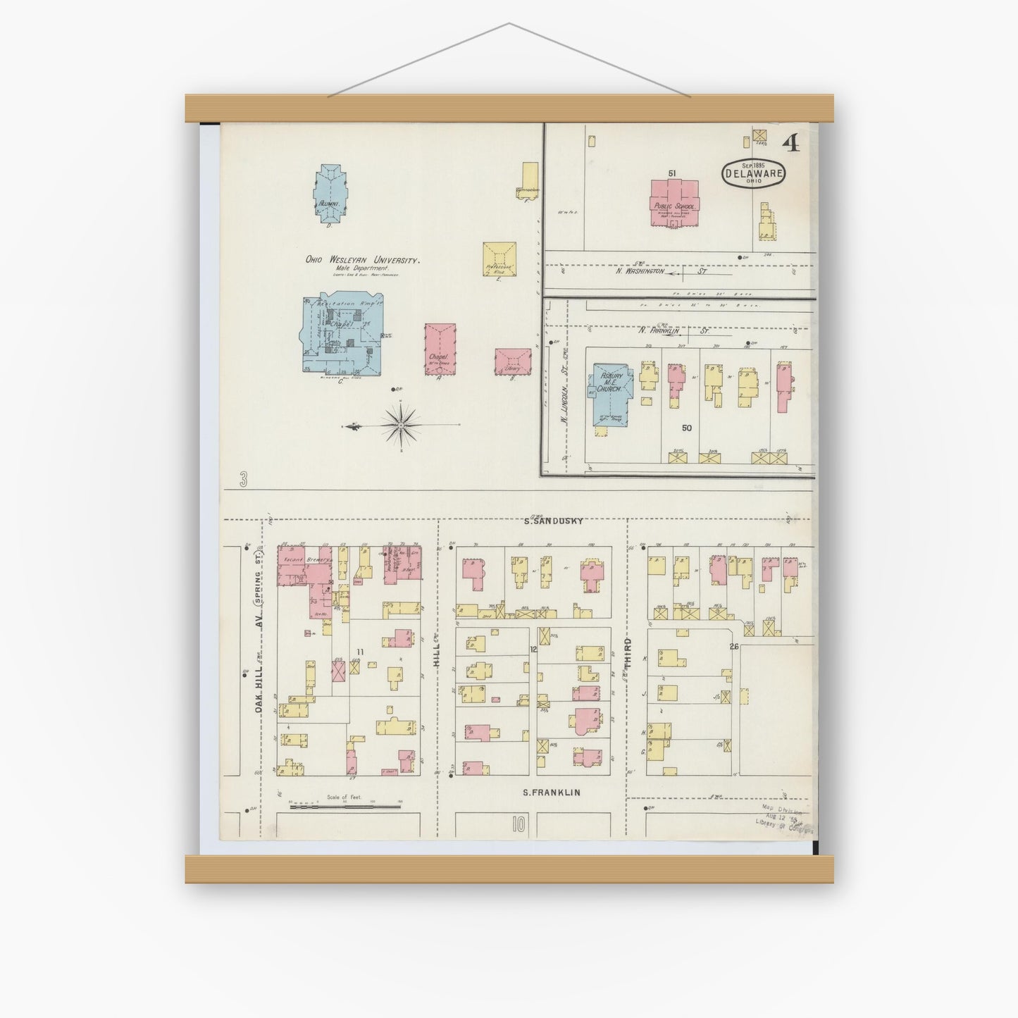 Old map wall art mockup — magnetic wood frame on white wall — Sanborn Fire Insurance Map from Delaware, Delaware County, Ohio (1895), Sheet #0004