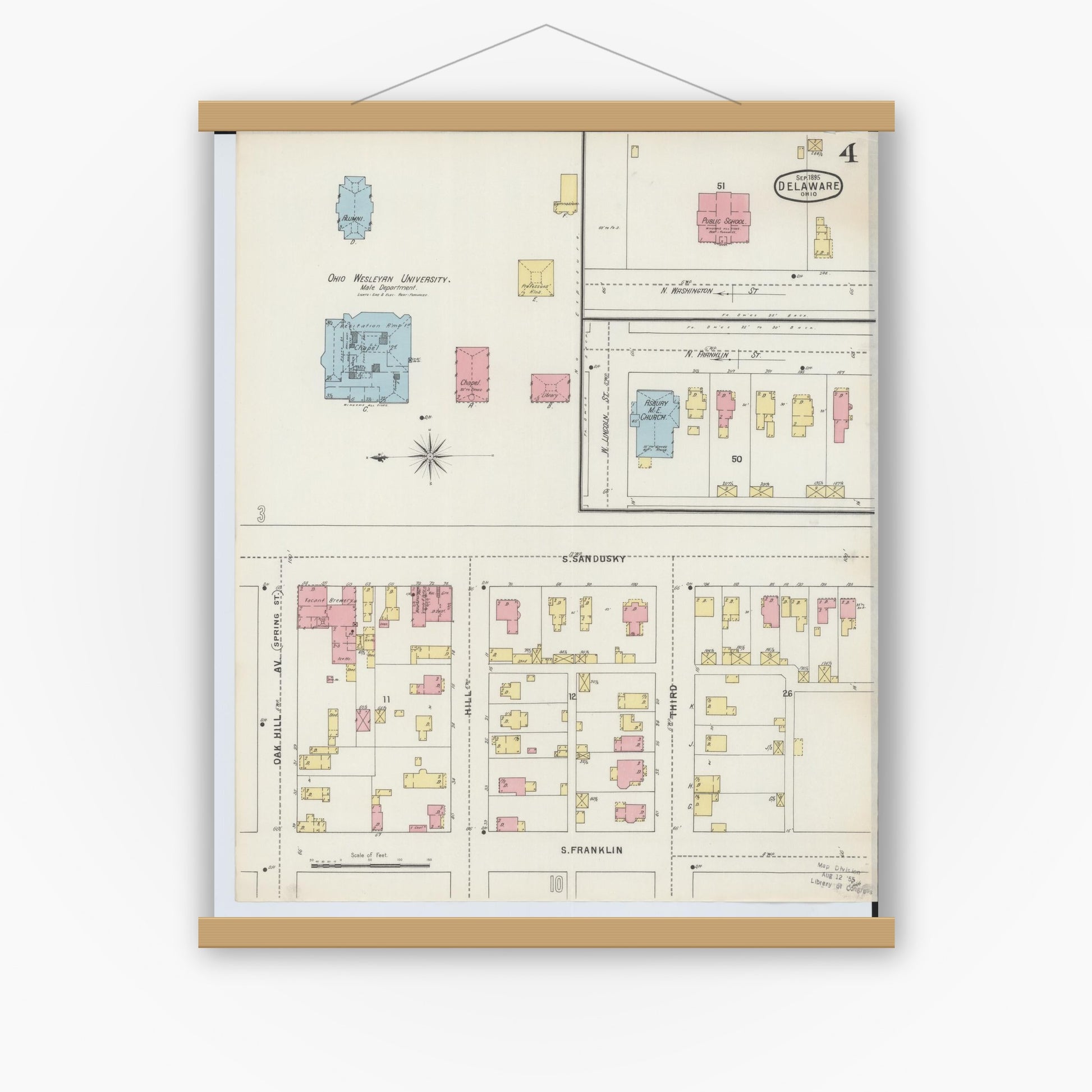 Old map wall art mockup — magnetic wood frame on white wall — Sanborn Fire Insurance Map from Delaware, Delaware County, Ohio (1895), Sheet #0004