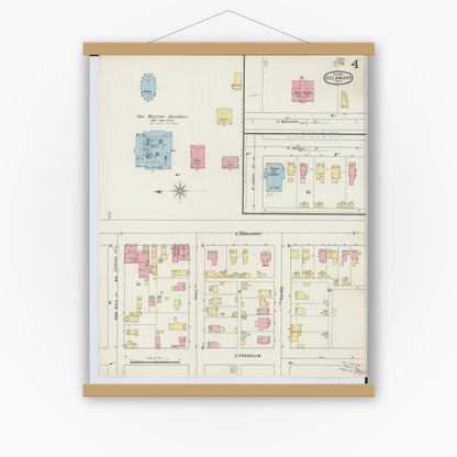 Old map wall art mockup — magnetic wood frame on white wall — Sanborn Fire Insurance Map from Delaware, Delaware County, Ohio (1895), Sheet #0004