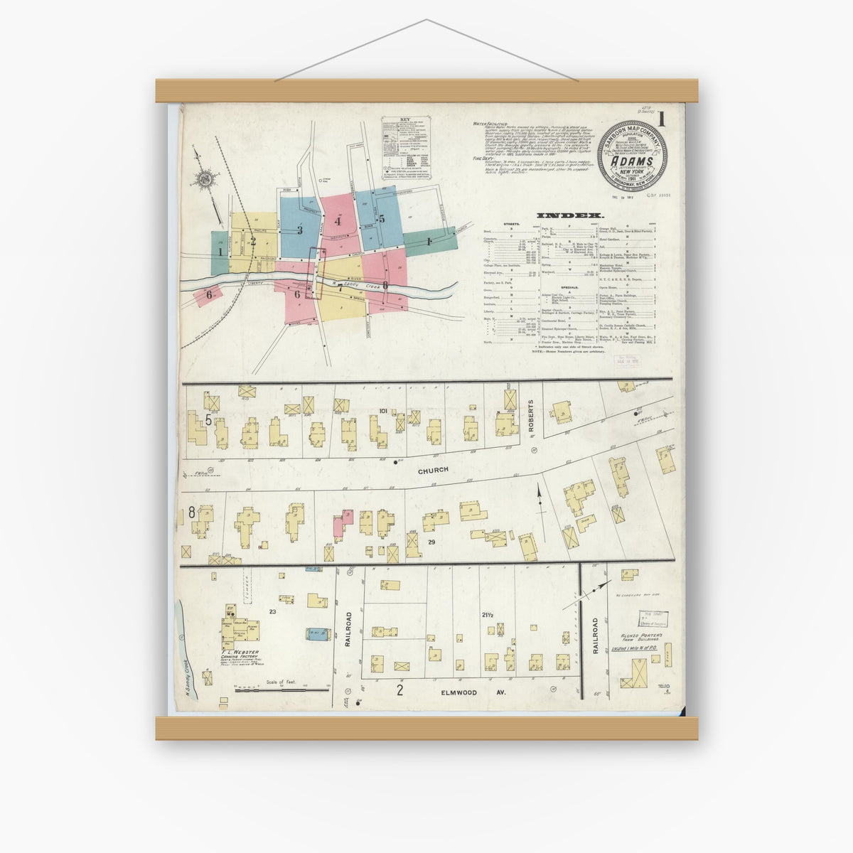Old map wall art mockup — magnetic wood frame on white wall — Sanborn Fire Insurance Map from Adams, Jefferson County, New York (1911) - Complete Map Set
