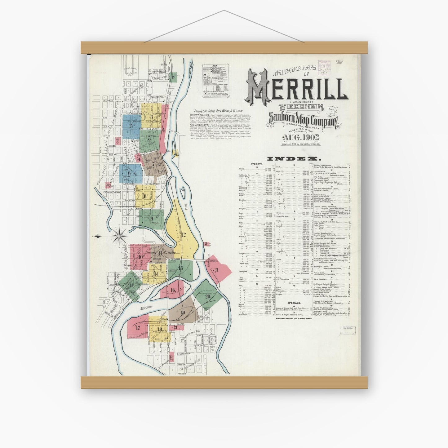 Old map wall art mockup — magnetic wood frame on white wall — Sanborn Fire Insurance Map from Merrill, Lincoln County, Wisconsin (1902), Sheet #0001