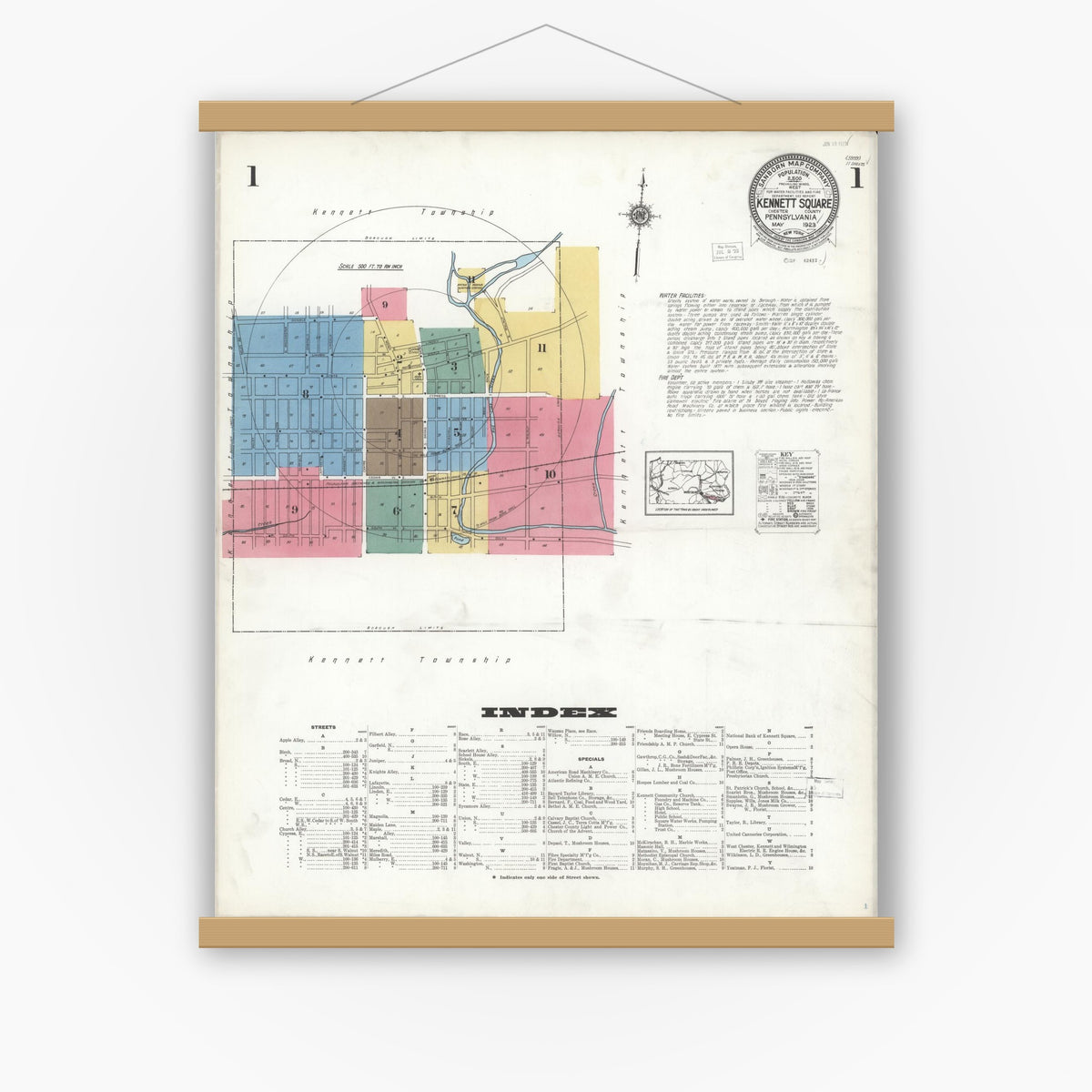 Old map wall art mockup — magnetic wood frame on white wall — Sanborn Fire Insurance Map from Kennett Square, Chester County, Pennsylvania (1923), Sheet #0001
