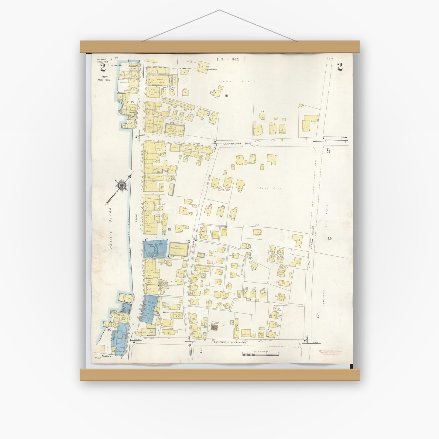 Old map wall art mockup — magnetic wood frame on white wall — Sanborn Fire Insurance Map from Lahaina, Maui County, Hawaii (1950), Sheet #0002