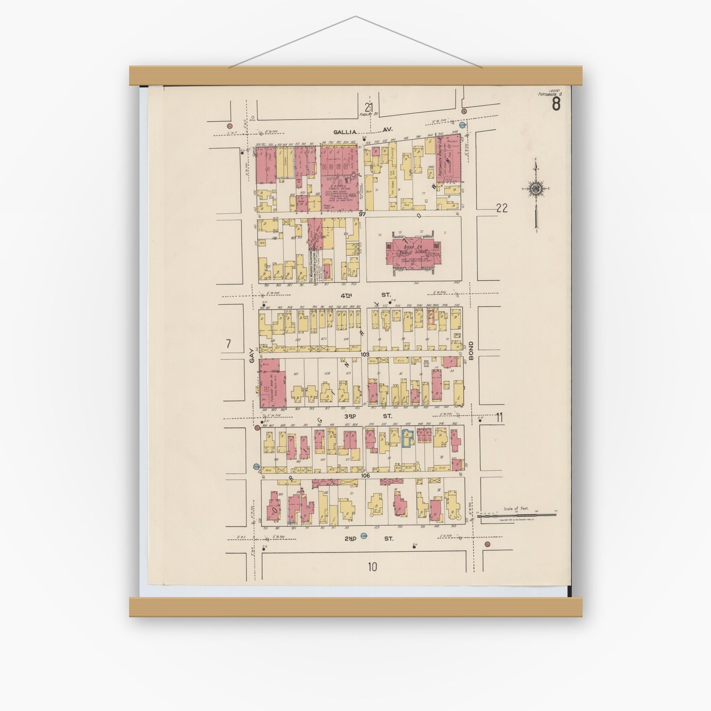 Old map wall art mockup — magnetic wood frame on white wall — Sanborn Fire Insurance Map from Portsmouth, Scioto County, Ohio (1921), Sheet #0008