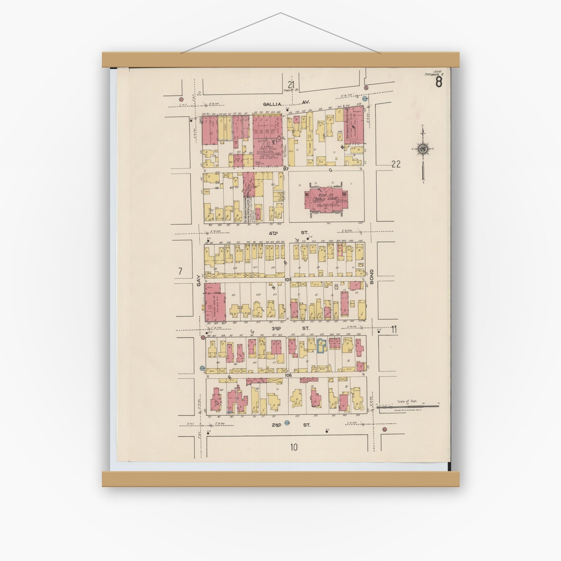 Old map wall art mockup — magnetic wood frame on white wall — Sanborn Fire Insurance Map from Portsmouth, Scioto County, Ohio (1921), Sheet #0008