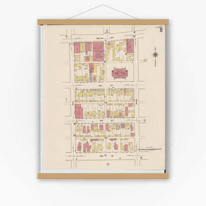 Old map wall art mockup — magnetic wood frame on white wall — Sanborn Fire Insurance Map from Portsmouth, Scioto County, Ohio (1921), Sheet #0008