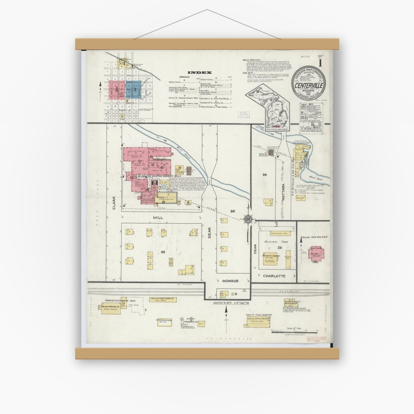 Old map wall art mockup — magnetic wood frame on white wall — Sanborn Fire Insurance Map from Centreville, Saint Joseph County, Michigan (1921), Sheet #0001