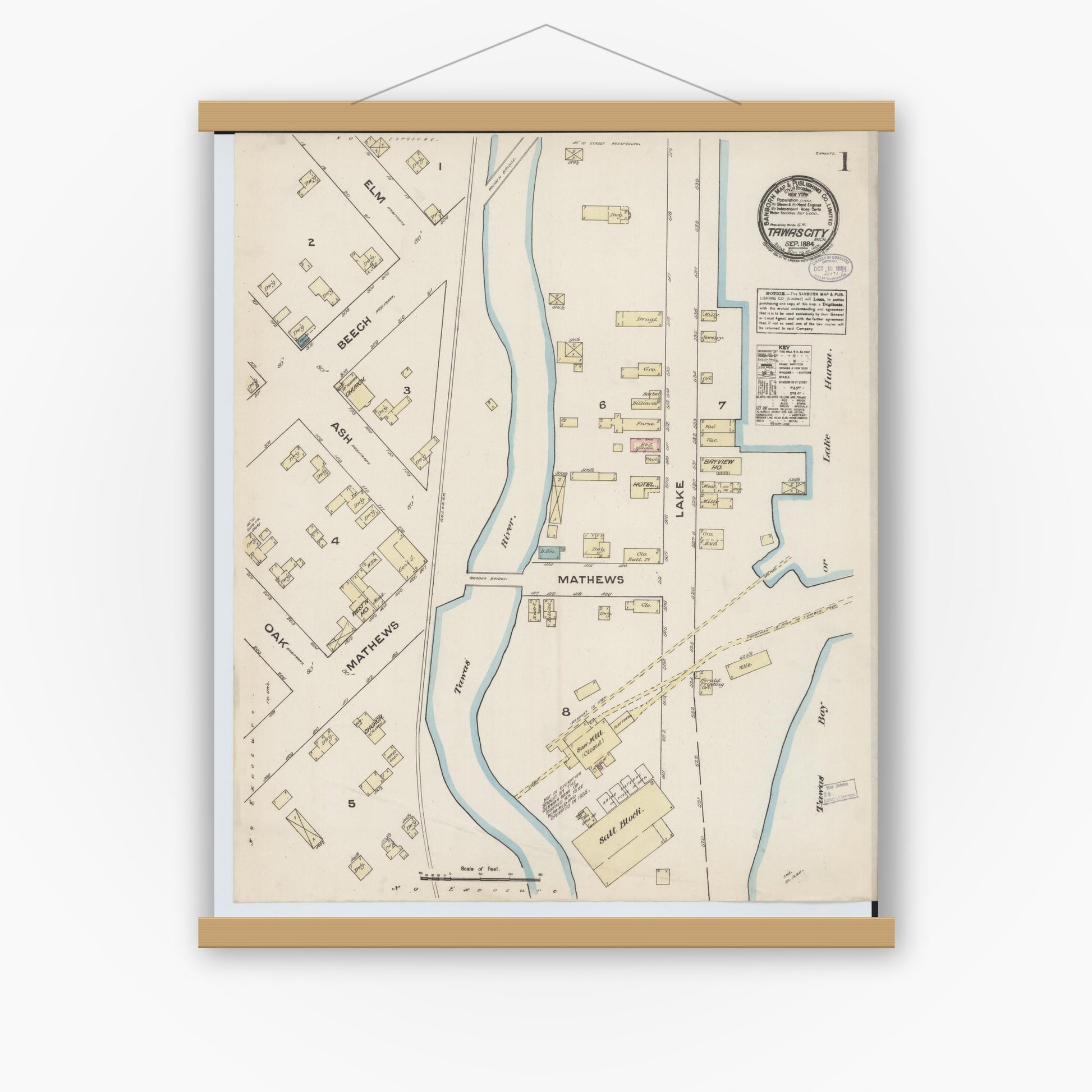 Old map wall art mockup — magnetic wood frame on white wall — Sanborn Fire Insurance Map from Tawas City, Iosco County, Michigan (1884), Sheet #0001