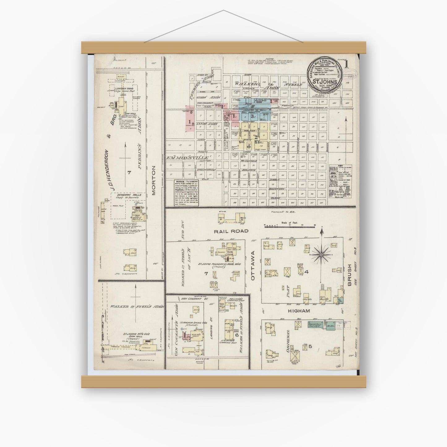 Old map wall art mockup — magnetic wood frame on white wall — Sanborn Fire Insurance Map from Saint Johns, Clinton County, Michigan (1884) - Complete Map Set