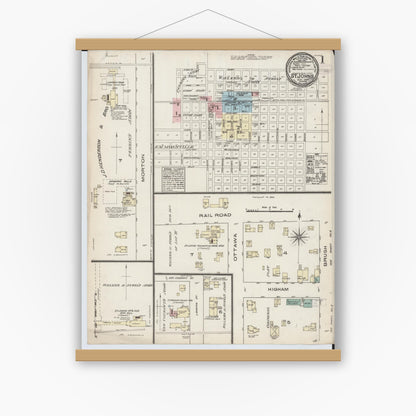 Old map wall art mockup — magnetic wood frame on white wall — Sanborn Fire Insurance Map from Saint Johns, Clinton County, Michigan (1884) - Complete Map Set