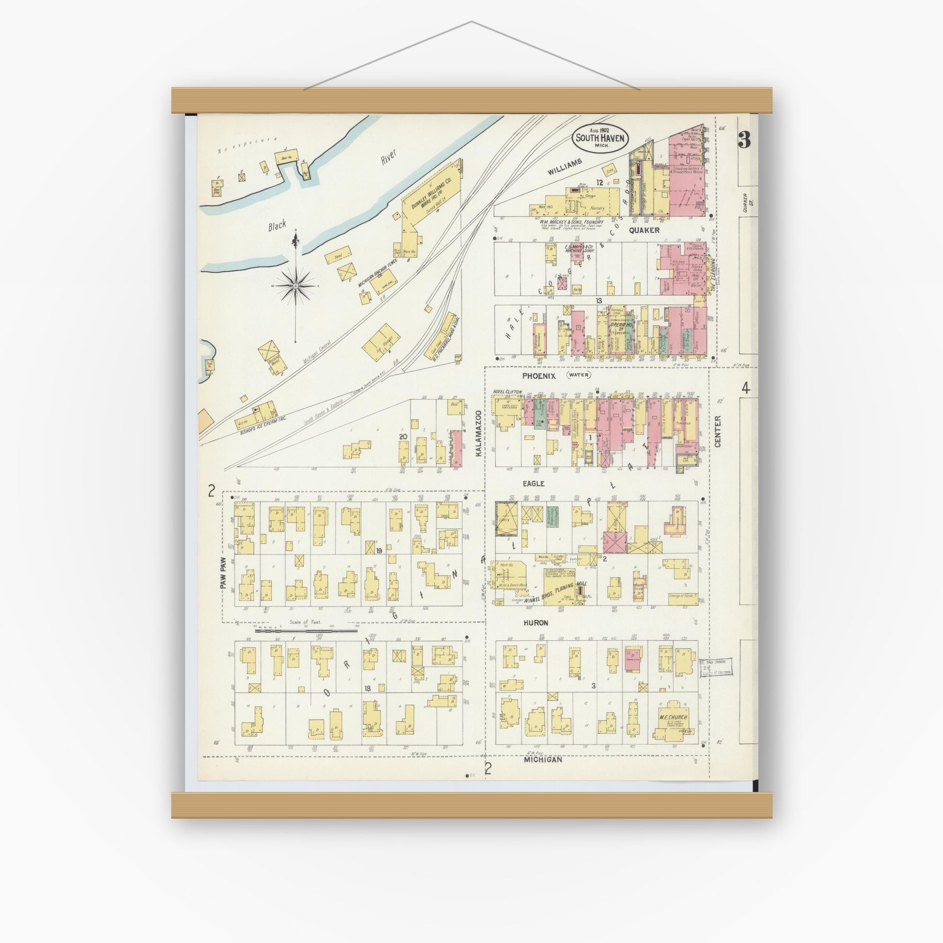 Old map wall art mockup — magnetic wood frame on white wall — Sanborn Fire Insurance Map from South Haven, Van Buren County, Michigan (1902), Sheet #0003