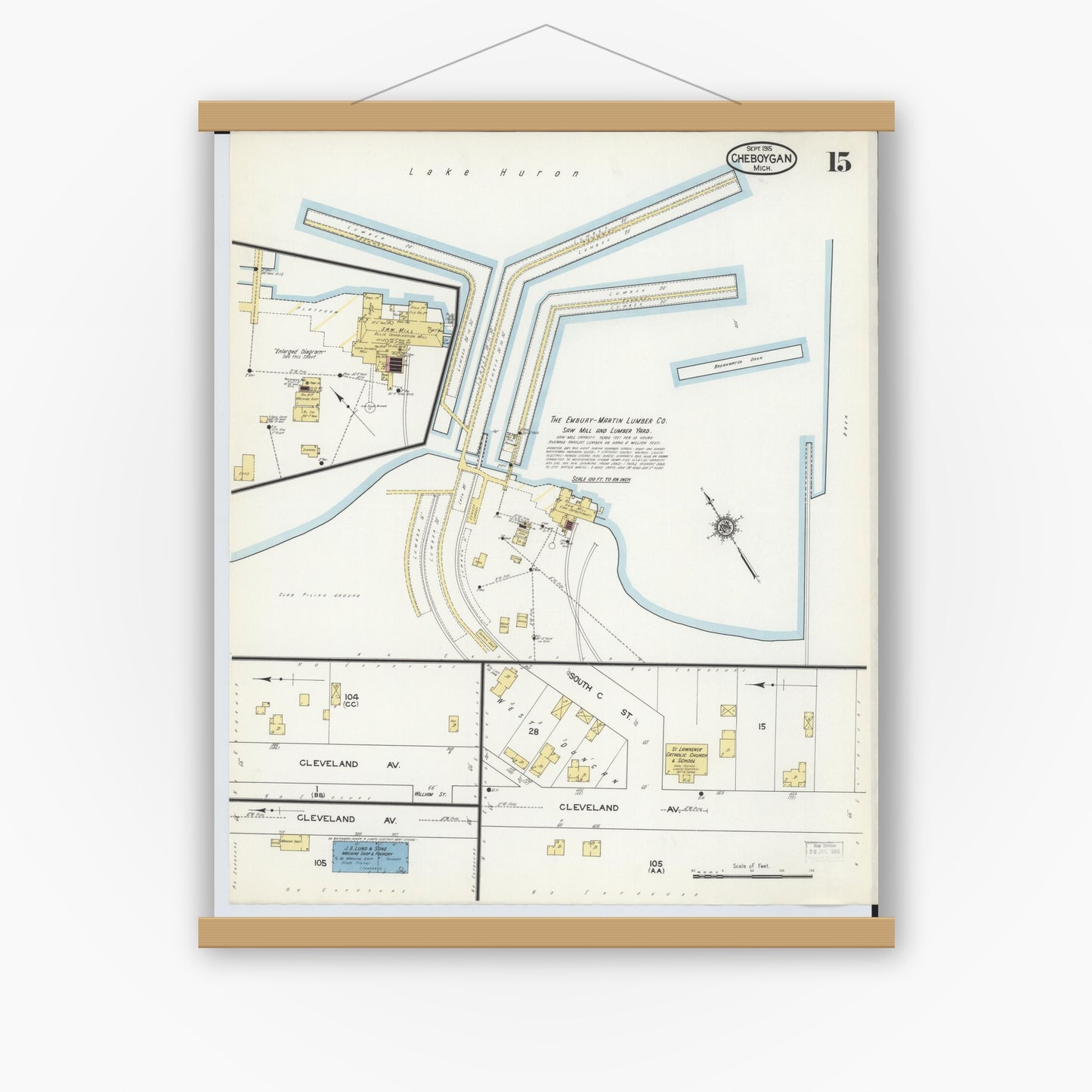 Old map wall art mockup — magnetic wood frame on white wall — Sanborn Fire Insurance Map from Cheboygan, Cheboygan County, Michigan (1915), Sheet #0015