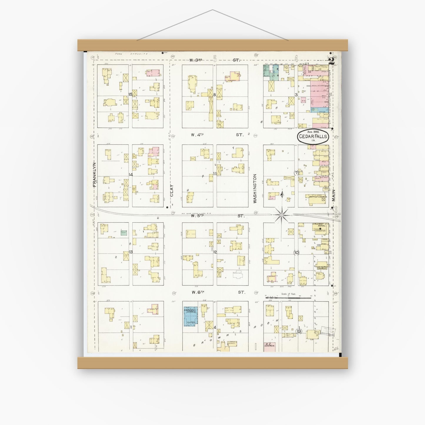 Old map wall art mockup — magnetic wood frame on white wall — Sanborn Fire Insurance Map from Cedar Falls, Black Hawk County, Iowa (1892), Sheet #0002