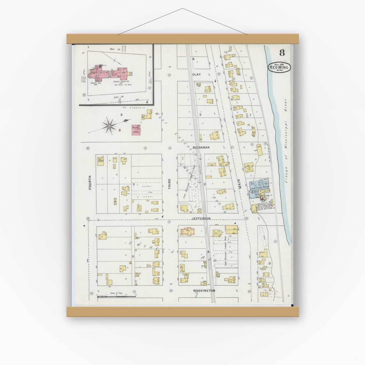 Old map wall art mockup — magnetic wood frame on white wall — Sanborn Fire Insurance Map from Red Wing, Goodhue County, Minnesota (1895), Sheet #0008
