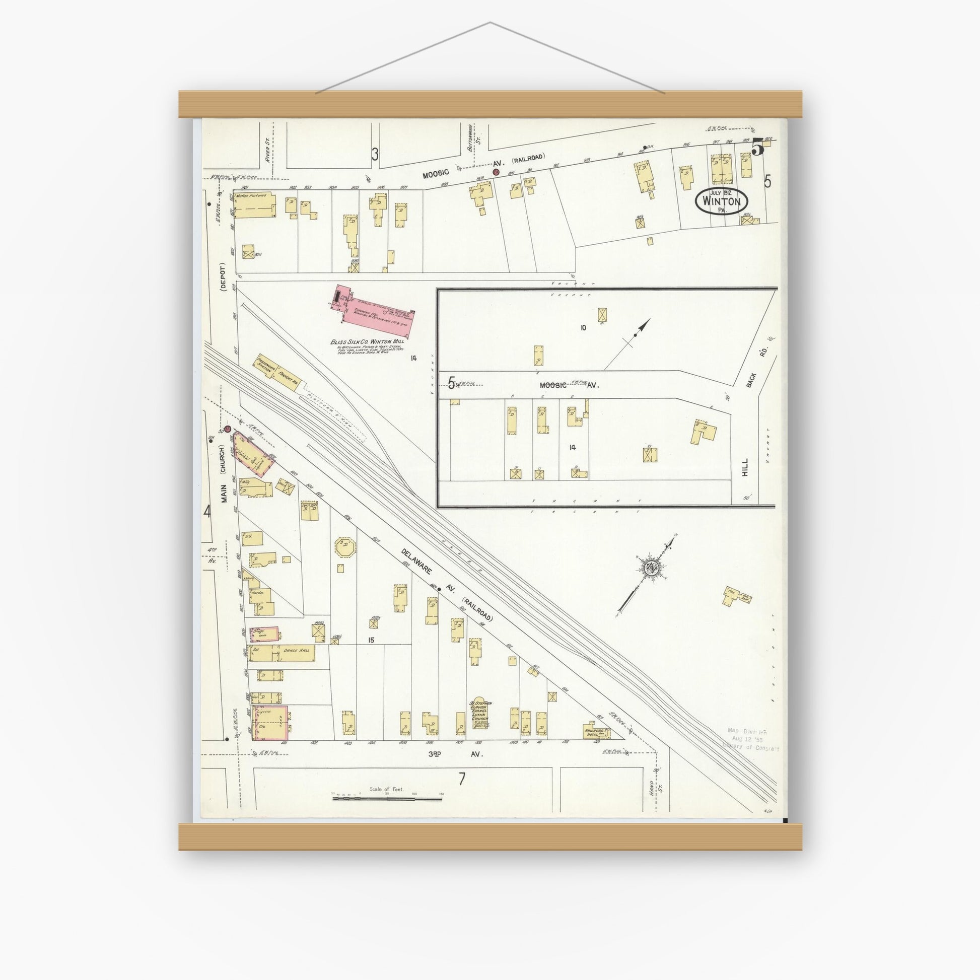Old map wall art mockup — magnetic wood frame on white wall — Sanborn Fire Insurance Map from Winton, Lackawanna County, Pennsylvania (1912), Sheet #0005