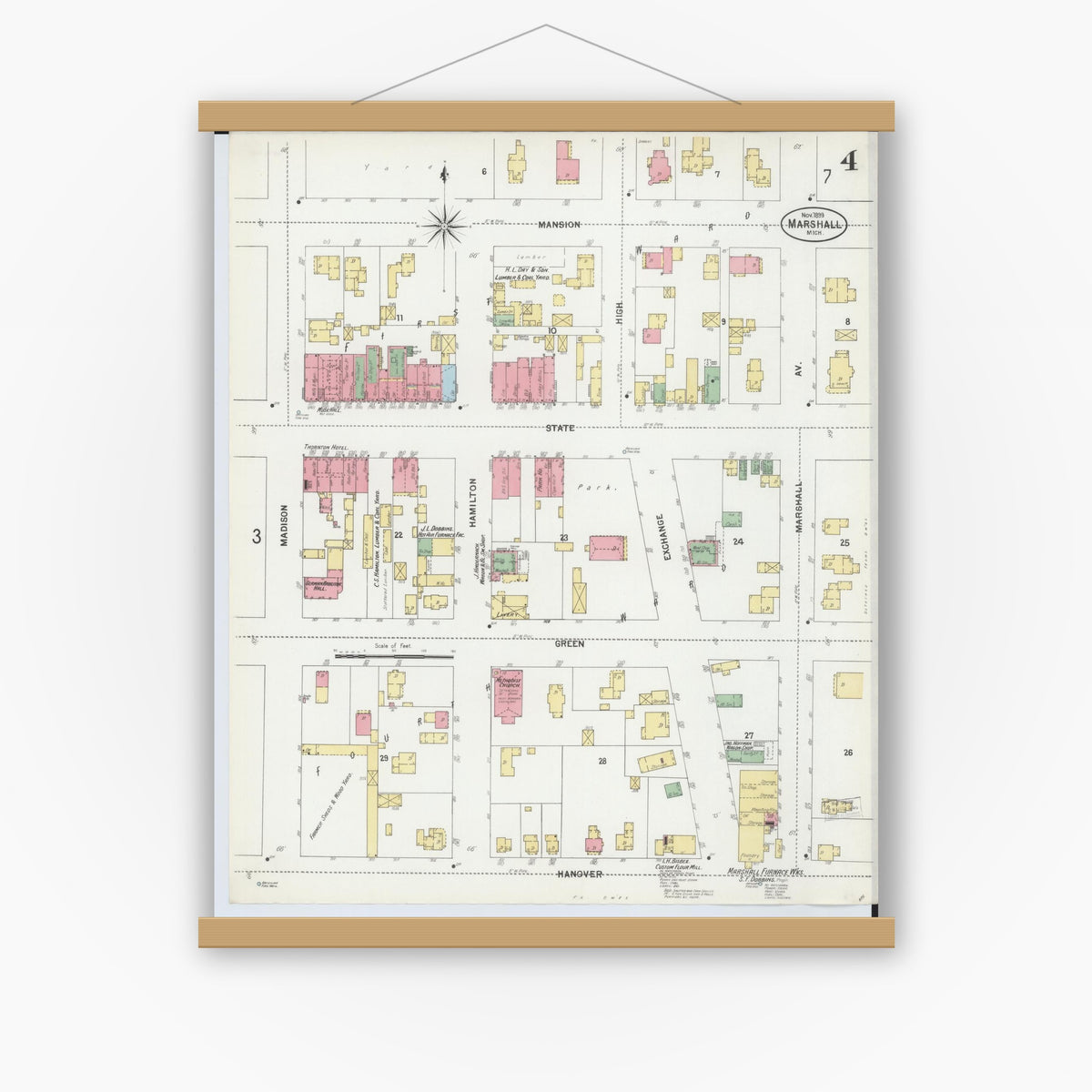 Old map wall art mockup — magnetic wood frame on white wall — Sanborn Fire Insurance Map from Marshall, Calhoun County, Michigan (1899), Sheet #0004