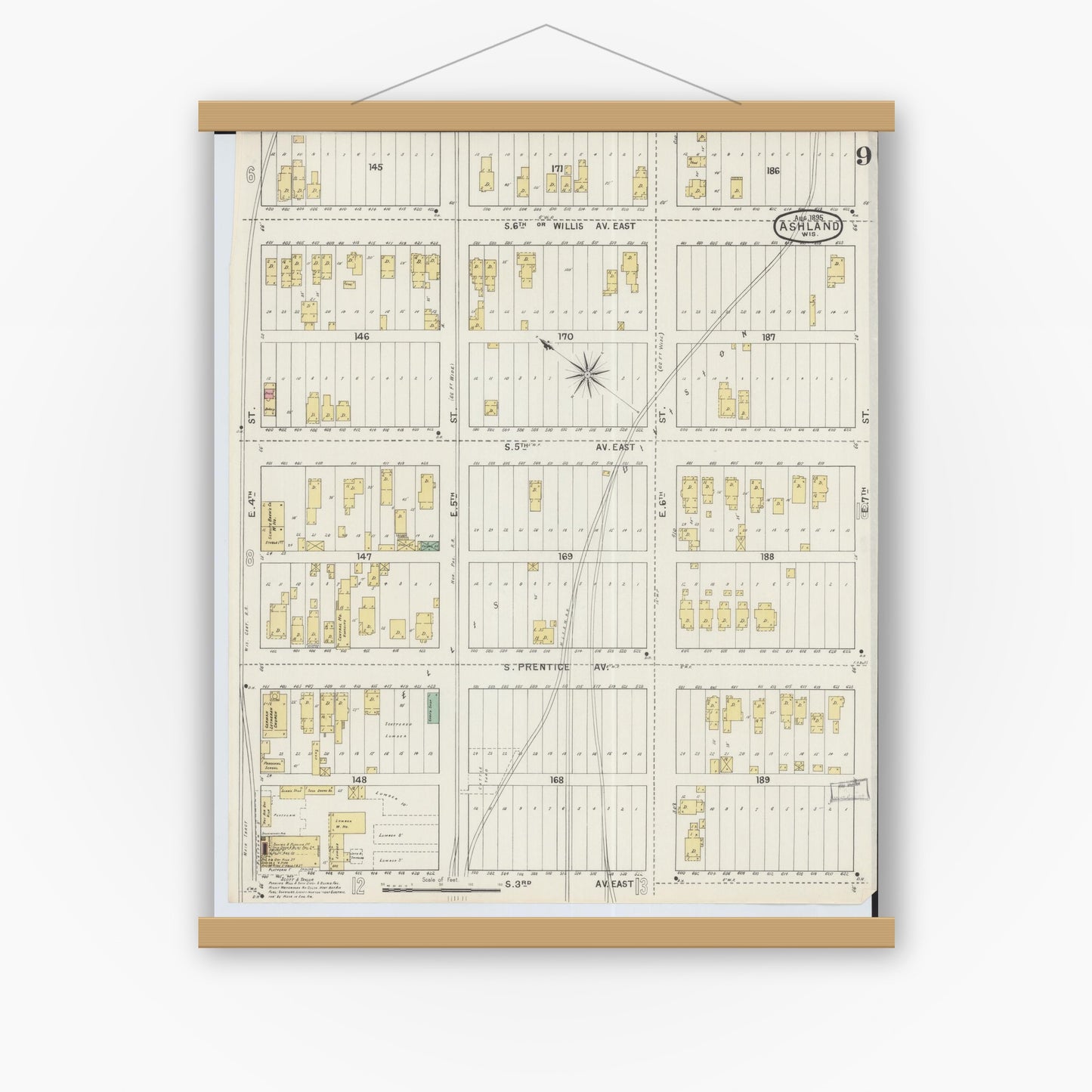 Old map wall art mockup — magnetic wood frame on white wall — Sanborn Fire Insurance Map from Ashland, Ashland County, Wisconsin (1895), Sheet #0009