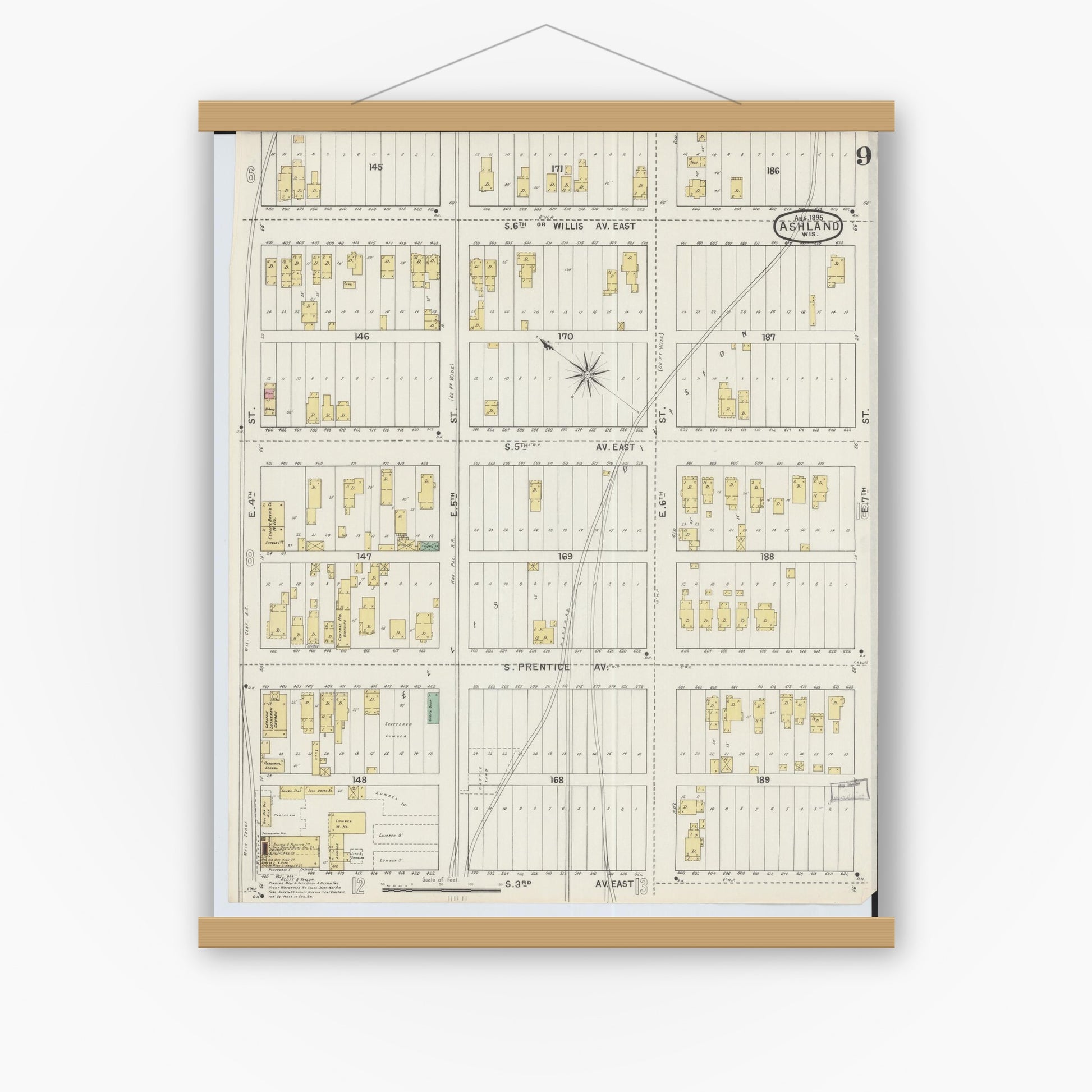 Old map wall art mockup — magnetic wood frame on white wall — Sanborn Fire Insurance Map from Ashland, Ashland County, Wisconsin (1895), Sheet #0009