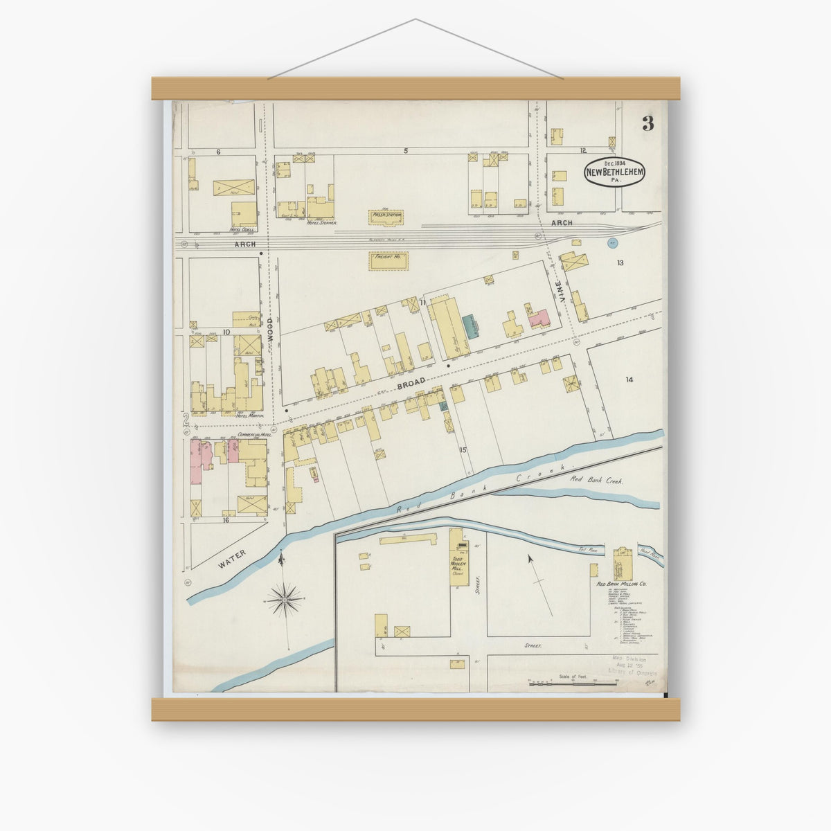 Old map wall art mockup — magnetic wood frame on white wall — Sanborn Fire Insurance Map from New Bethlehem, Clarion County, Pennsylvania (1894), Sheet #0003