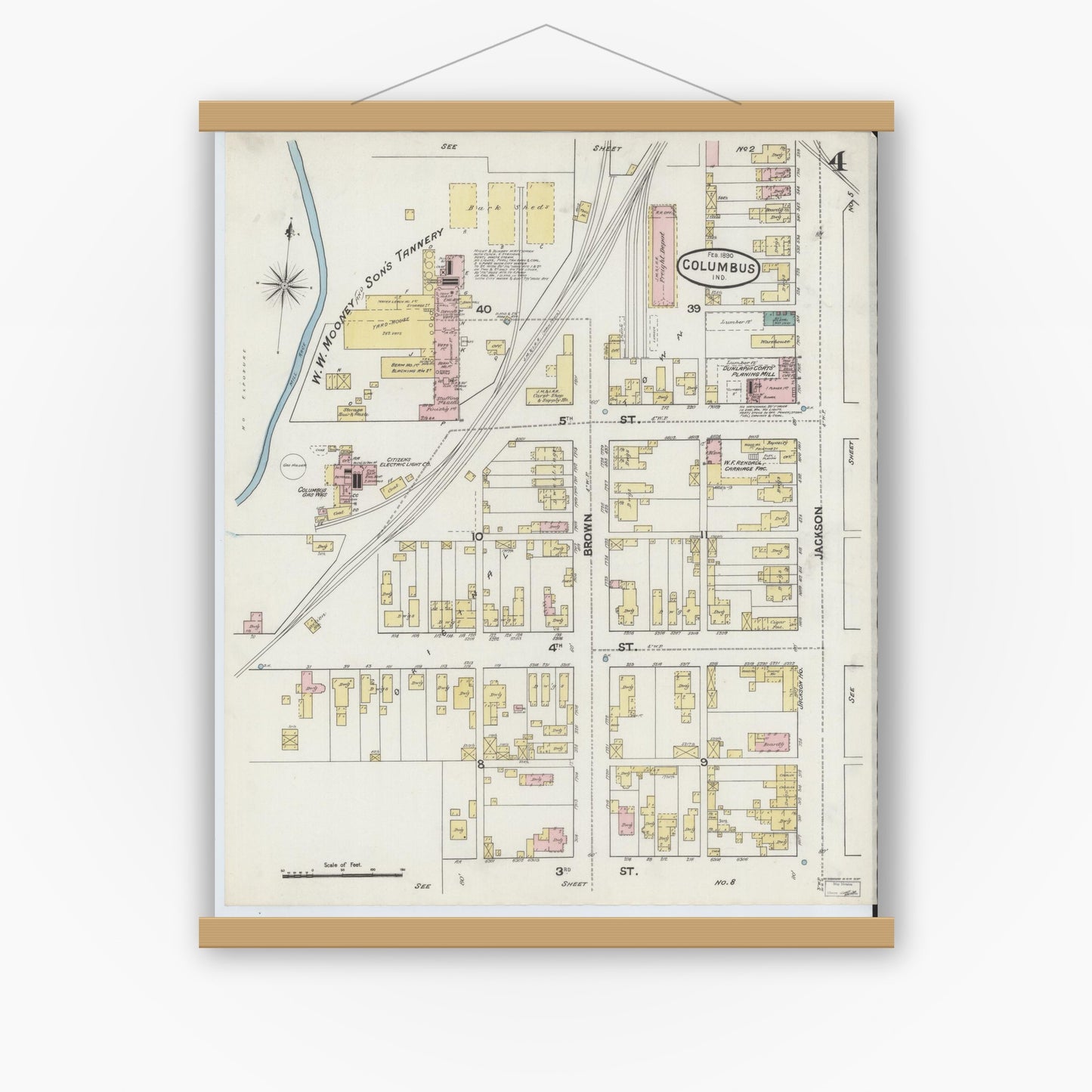 Old map wall art mockup — magnetic wood frame on white wall — Sanborn Fire Insurance Map from Columbus, Bartholomew County, Indiana (1890), Sheet #0004