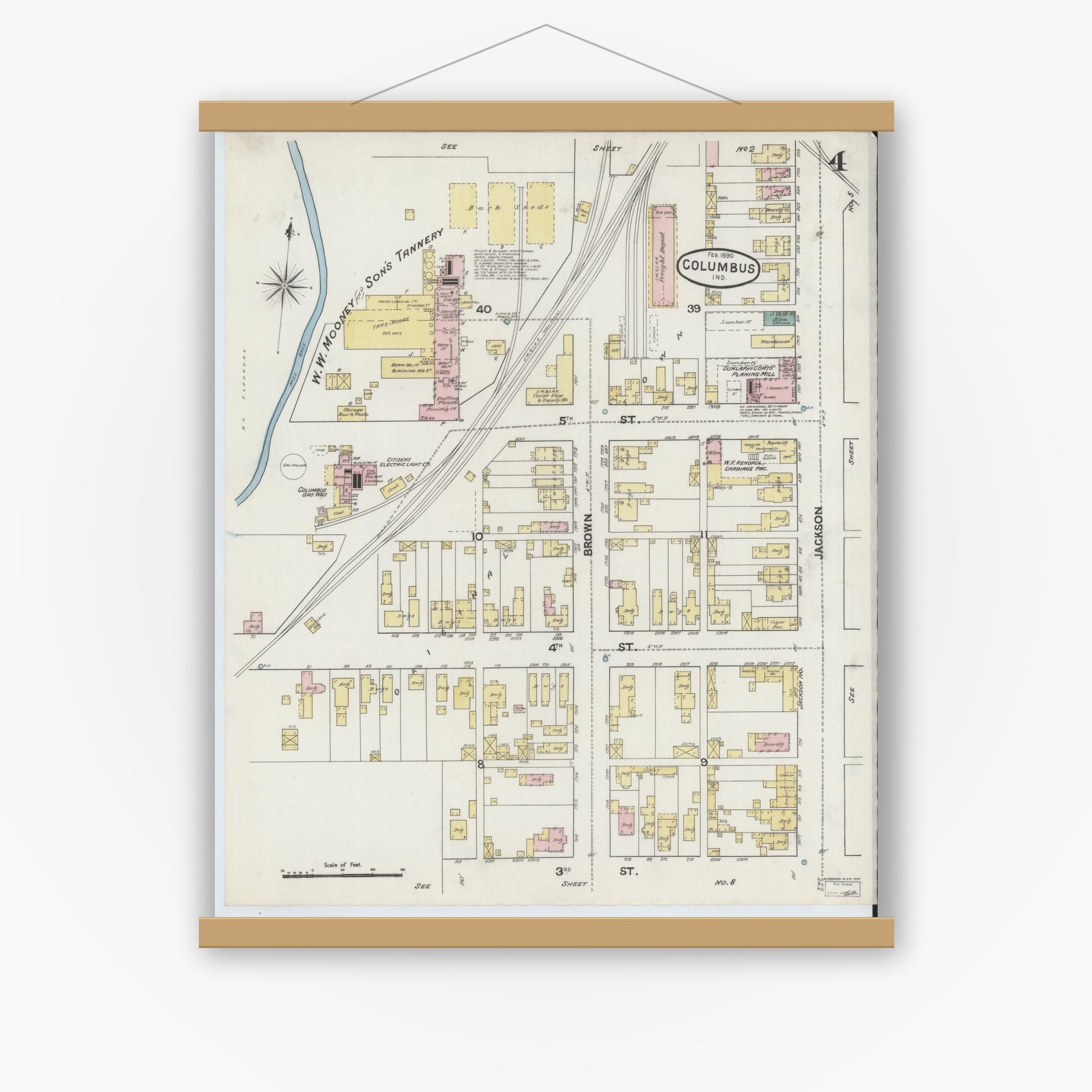 Old map wall art mockup — magnetic wood frame on white wall — Sanborn Fire Insurance Map from Columbus, Bartholomew County, Indiana (1890), Sheet #0004