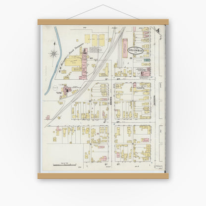 Old map wall art mockup — magnetic wood frame on white wall — Sanborn Fire Insurance Map from Columbus, Bartholomew County, Indiana (1890), Sheet #0004