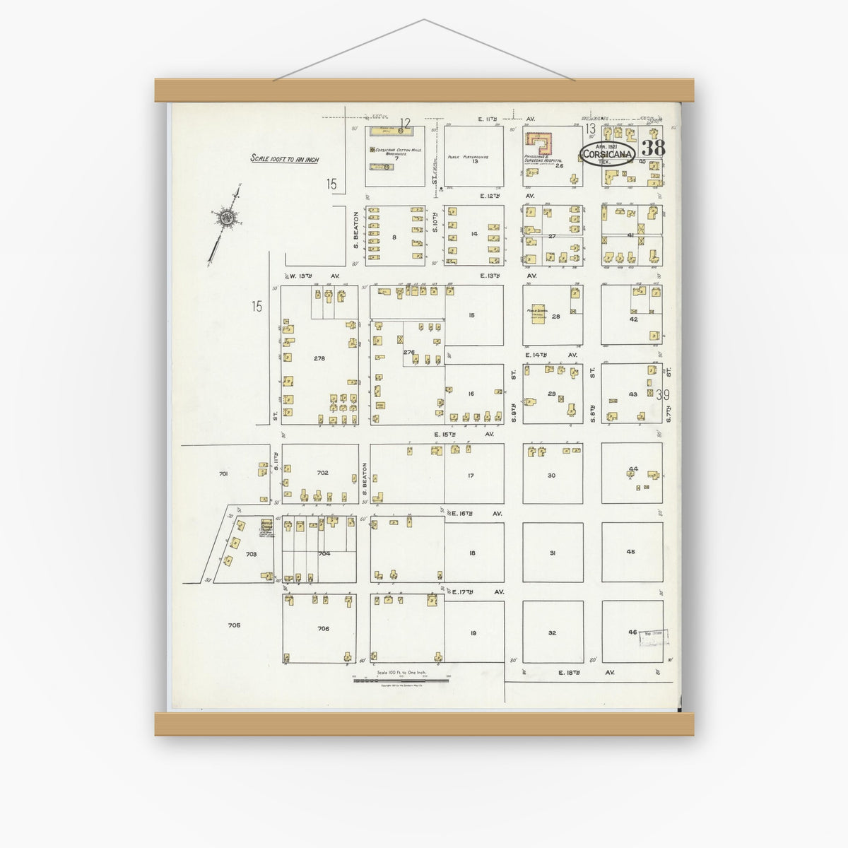 Old map wall art mockup — magnetic wood frame on white wall — Sanborn Fire Insurance Map from Corsicana, Navarro County, Texas (1921), Sheet #0038