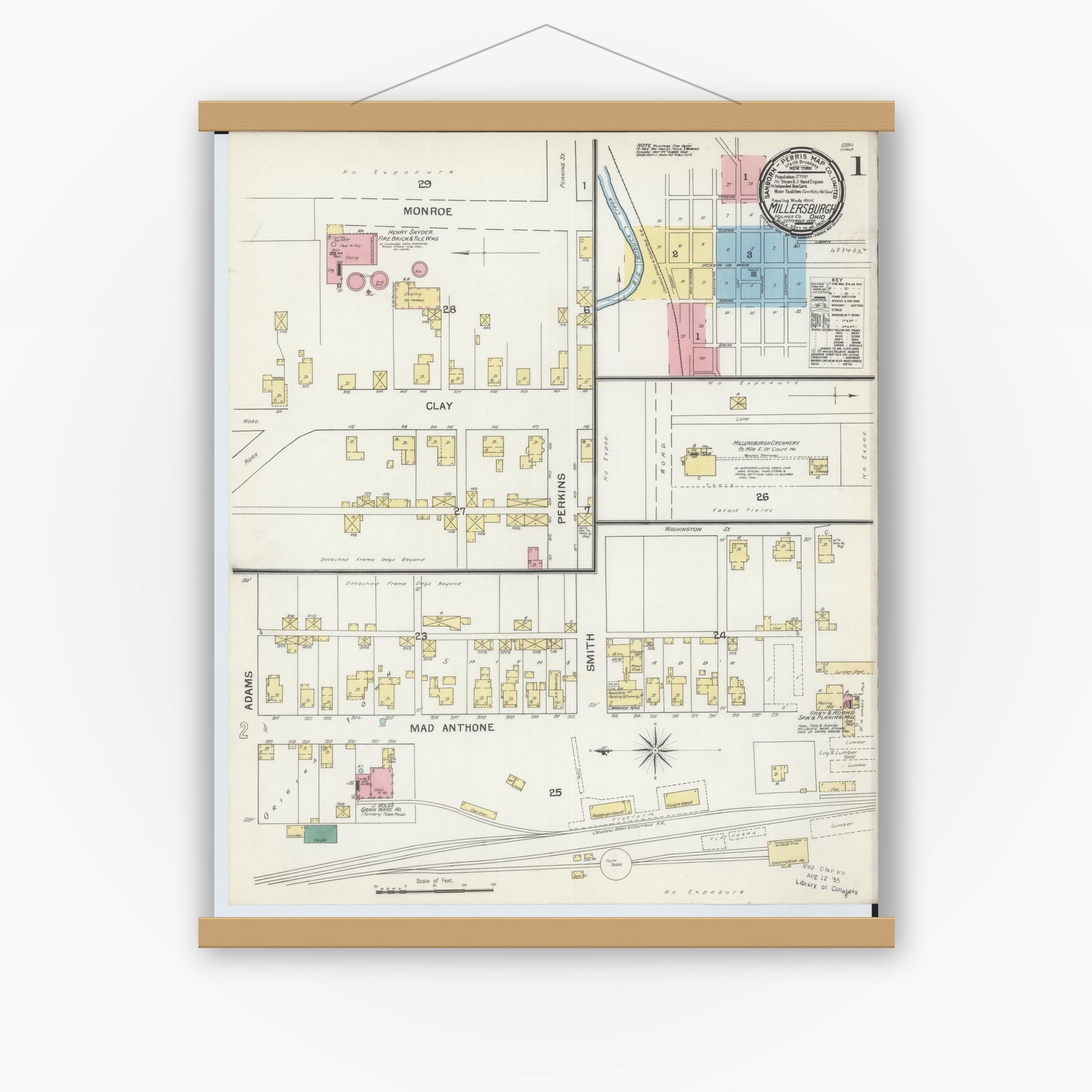 Old map wall art mockup — magnetic wood frame on white wall — Sanborn Fire Insurance Map from Millersburg, Holmes County, Ohio (1892), Sheet #0001