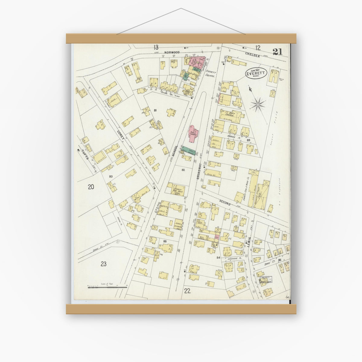 Old map wall art mockup — magnetic wood frame on white wall — Sanborn Fire Insurance Map from Everett, Middlesex County, Massachusetts (1897), Sheet #0021