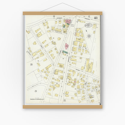 Old map wall art mockup — magnetic wood frame on white wall — Sanborn Fire Insurance Map from Everett, Middlesex County, Massachusetts (1897), Sheet #0021