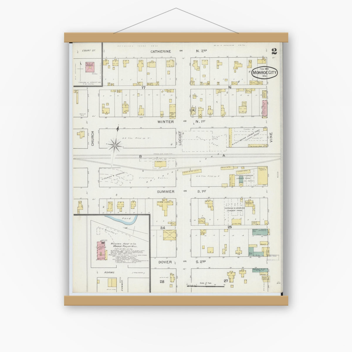 Old map wall art mockup — magnetic wood frame on white wall — Sanborn Fire Insurance Map from Monroe City, Monroe County, Missouri (1893), Sheet #0002