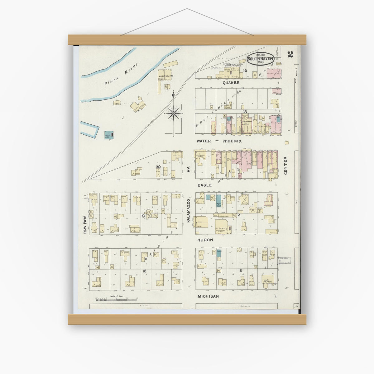Old map wall art mockup — magnetic wood frame on white wall — Sanborn Fire Insurance Map from South Haven, Van Buren County, Michigan (1891), Sheet #0002